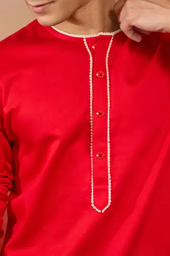 Mens red cotton millennium kurta lace detail - navratri festive wear