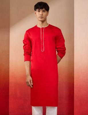 Mens red cotton millennium kurta lace detail - navratri festive wear 4