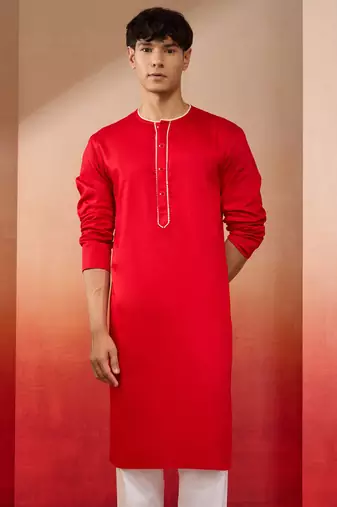 Mens red cotton millennium kurta lace detail - navratri festive wear