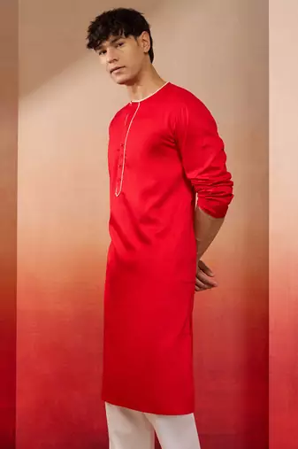 Mens red cotton millennium kurta lace detail - navratri festive wear