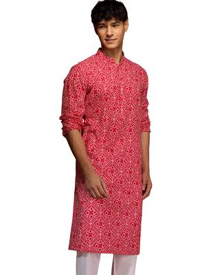 Men red cotton cambric bandhani kurta - summer casual traditional wear 1