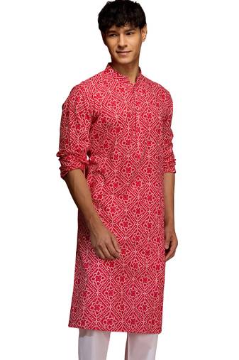 Men red cotton cambric bandhani kurta - summer casual traditional wear