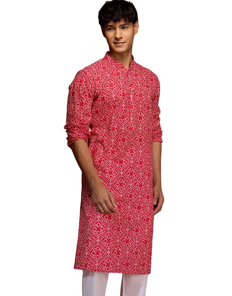 Men red cotton cambric bandhani kurta - summer casual traditional wear