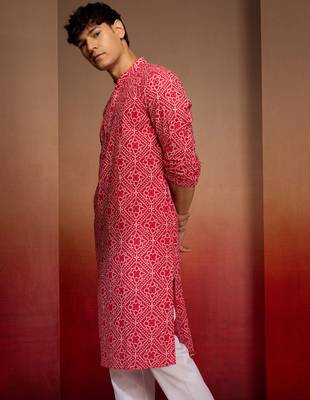 Men red cotton cambric bandhani kurta - summer casual traditional wear 2