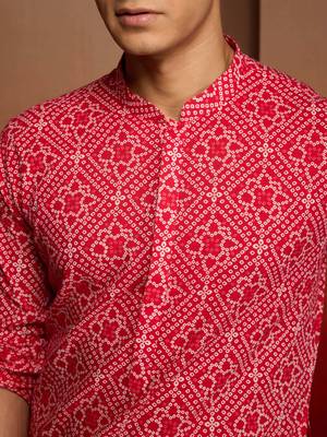 Men red cotton cambric bandhani kurta - summer casual traditional wear 3