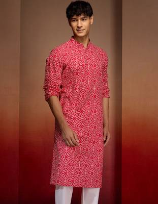 Men red cotton cambric bandhani kurta - summer casual traditional wear 4