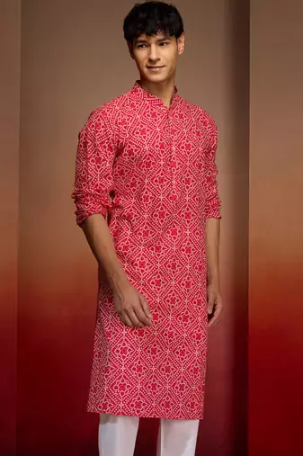 Men red cotton cambric bandhani kurta - summer casual traditional wear