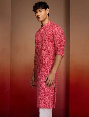 Men red cotton cambric bandhani kurta - summer casual traditional wear 5