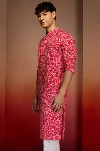 Men red cotton cambric bandhani kurta - summer casual traditional wear