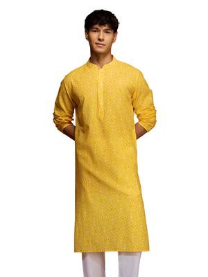 Men yellow cotton cambric bandhani kurta - summer casual festive wear 1