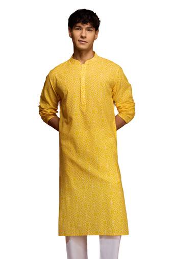 Men yellow cotton cambric bandhani kurta - summer casual festive wear