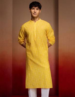 Men yellow cotton cambric bandhani kurta - summer casual festive wear 2