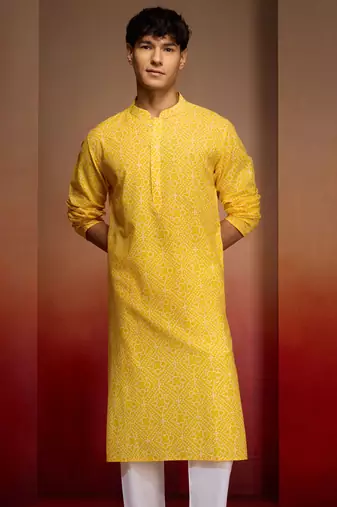 Men yellow cotton cambric bandhani kurta - summer casual festive wear
