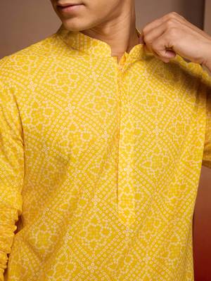 Men yellow cotton cambric bandhani kurta - summer casual festive wear 3