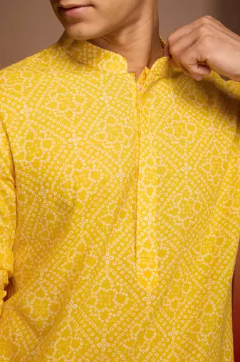 Men yellow cotton cambric bandhani kurta - summer casual festive wear