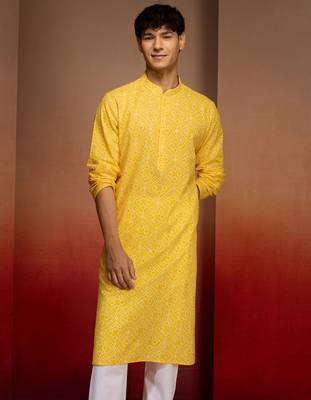 Men yellow cotton cambric bandhani kurta - summer casual festive wear 4
