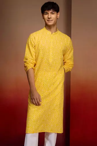 Men yellow cotton cambric bandhani kurta - summer casual festive wear