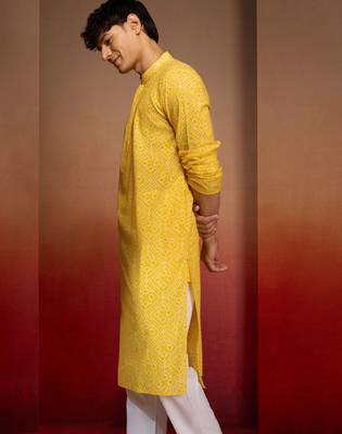 Men yellow cotton cambric bandhani kurta - summer casual festive wear 5