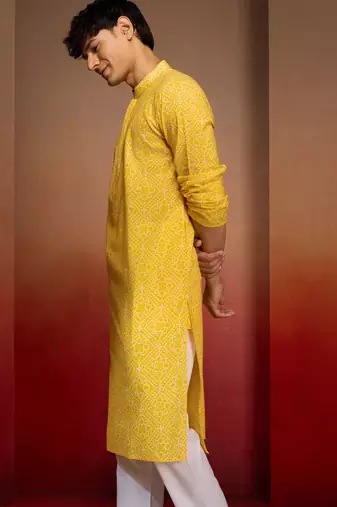 Men yellow cotton cambric bandhani kurta - summer casual festive wear
