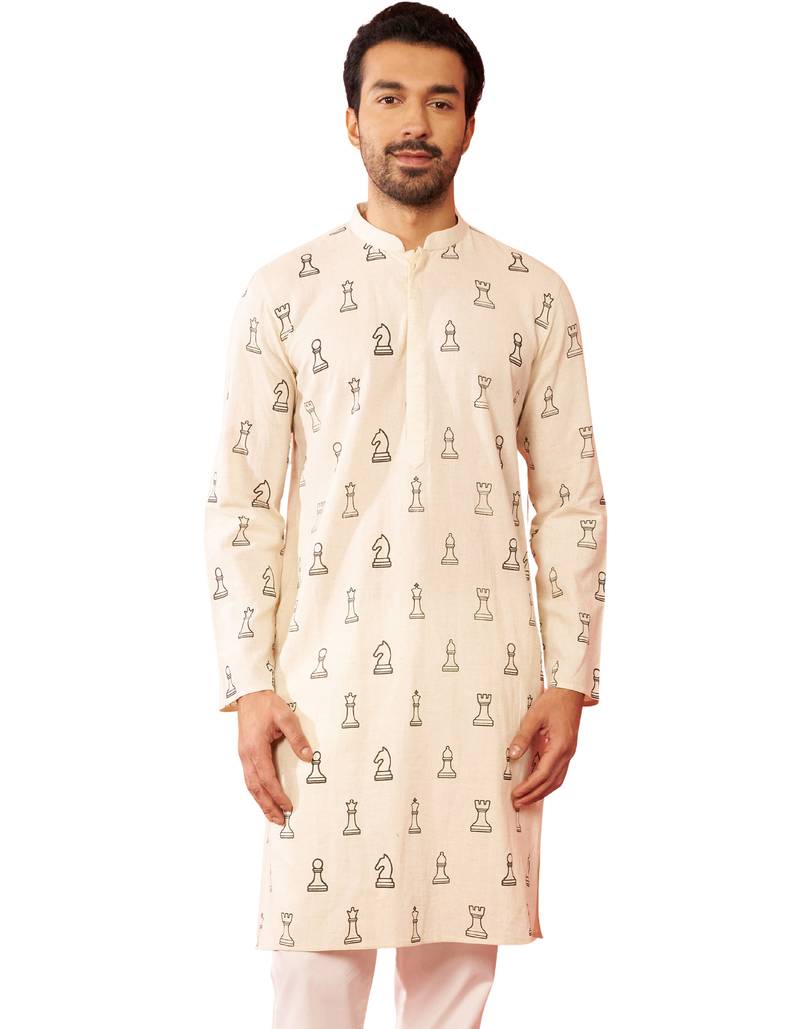 Men's cream cotton kurta - printed casual wear summer collection