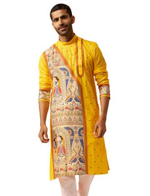 Men yellow cotton high neck digital print kurta - premium geometric embroidered festive wear 1