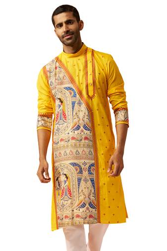 Men yellow cotton high neck digital print kurta - premium geometric embroidered festive wear