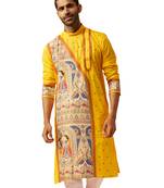 Men yellow cotton high neck digital print kurta - premium geometric embroidered festive wear