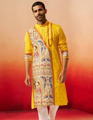 Men yellow cotton high neck digital print kurta - premium geometric embroidered festive wear 2