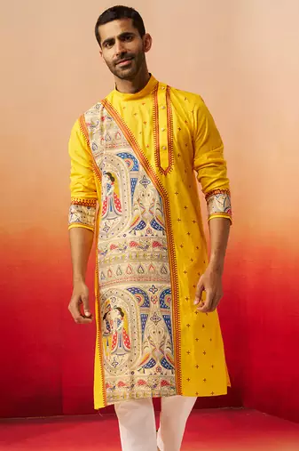 Men yellow cotton high neck digital print kurta - premium geometric embroidered festive wear