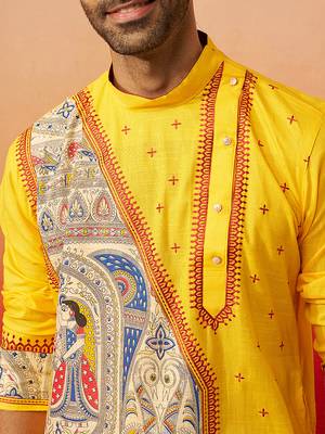 Men yellow cotton high neck digital print kurta - premium geometric embroidered festive wear 3