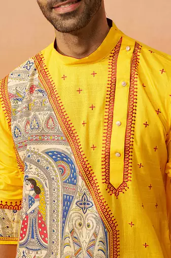 Men yellow cotton high neck digital print kurta - premium geometric embroidered festive wear