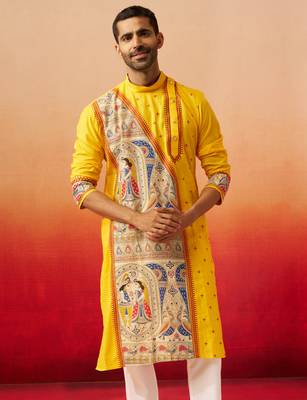 Men yellow cotton high neck digital print kurta - premium geometric embroidered festive wear 4