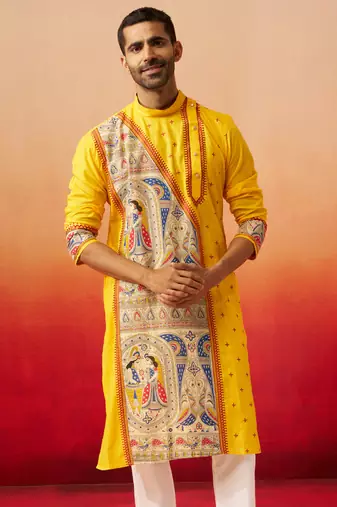 Men yellow cotton high neck digital print kurta - premium geometric embroidered festive wear