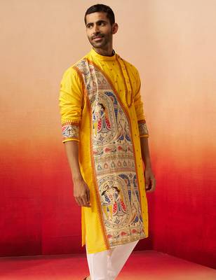 Men yellow cotton high neck digital print kurta - premium geometric embroidered festive wear 5