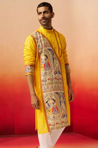 Men yellow cotton high neck digital print kurta - premium geometric embroidered festive wear