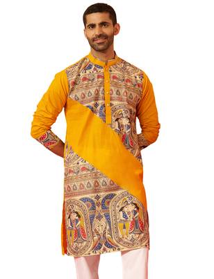 Men yellow cotton digital print kurta - premium figures print festive traditional wear 1