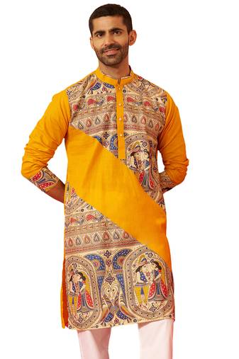Men yellow cotton digital print kurta - premium figures print festive traditional wear
