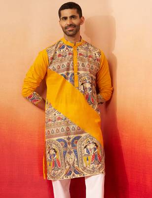Men yellow cotton digital print kurta - premium figures print festive traditional wear 2