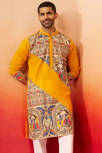 Men yellow cotton digital print kurta - premium figures print festive traditional wear