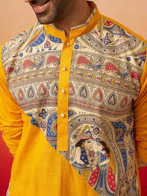 Men yellow cotton digital print kurta - premium figures print festive traditional wear 3