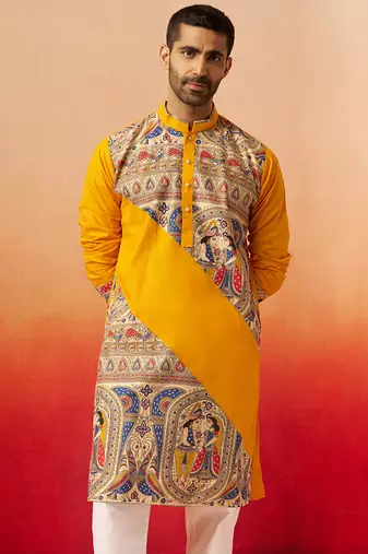 Men yellow cotton digital print kurta - premium figures print festive traditional wear
