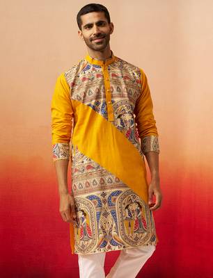 Men yellow cotton digital print kurta - premium figures print festive traditional wear 5