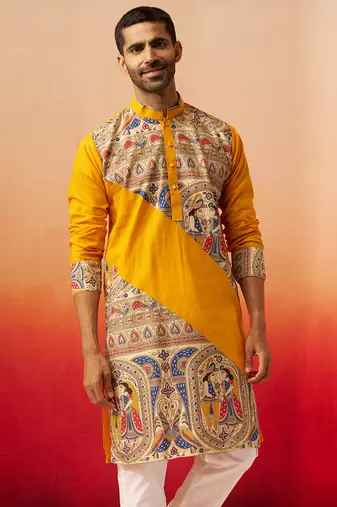 Men yellow cotton digital print kurta - premium figures print festive traditional wear