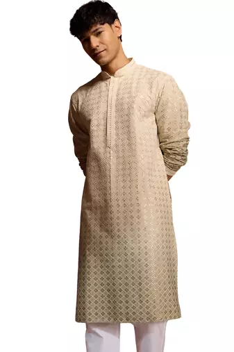 Men's green ombre long kurta - cambric cotton sequin embroidered festive wear