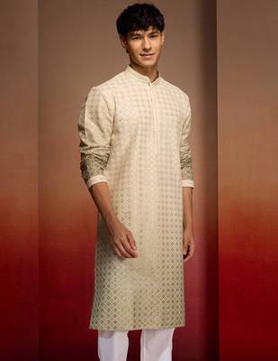 green ombre long kurta - cambric cotton sequin embroidered festive wear 4