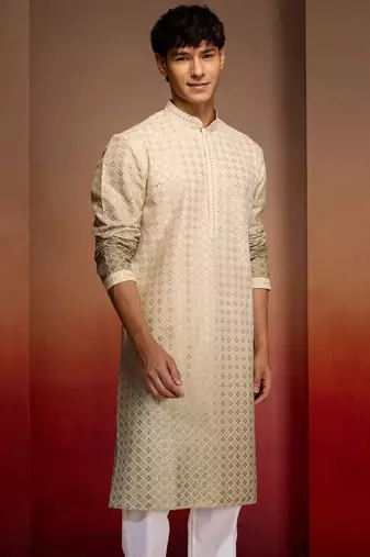 green ombre long kurta - cambric cotton sequin embroidered festive wear