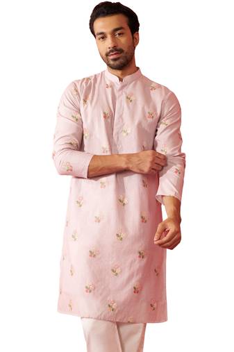 Men's pink cotton muslin kurta - embroidered festive summer wear