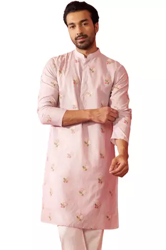 Men's pink cotton muslin kurta - embroidered festive summer wear