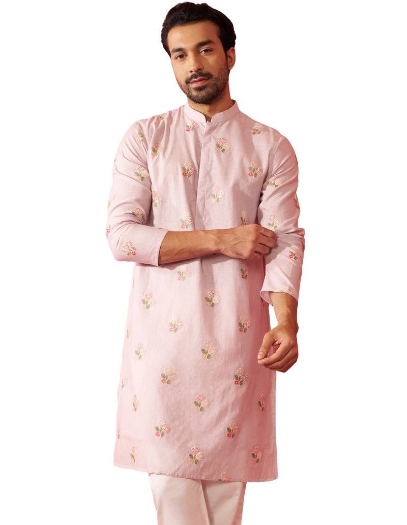Men's pink cotton muslin kurta - embroidered festive summer wear