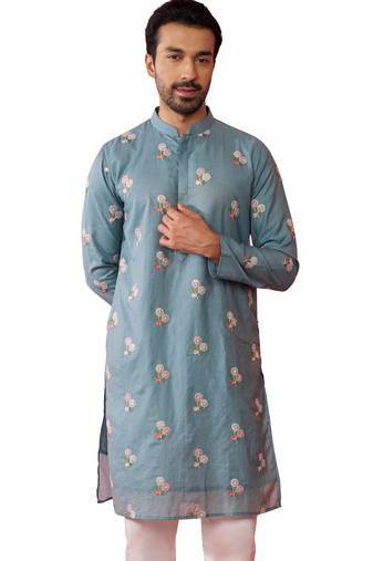 Men's Blue cotton muslin kurta - embroidered festive summer wear